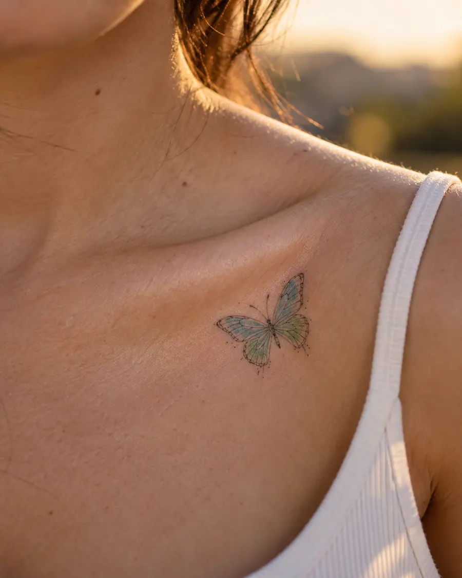 Small blue and mint butterfly tattoo on a collarbone