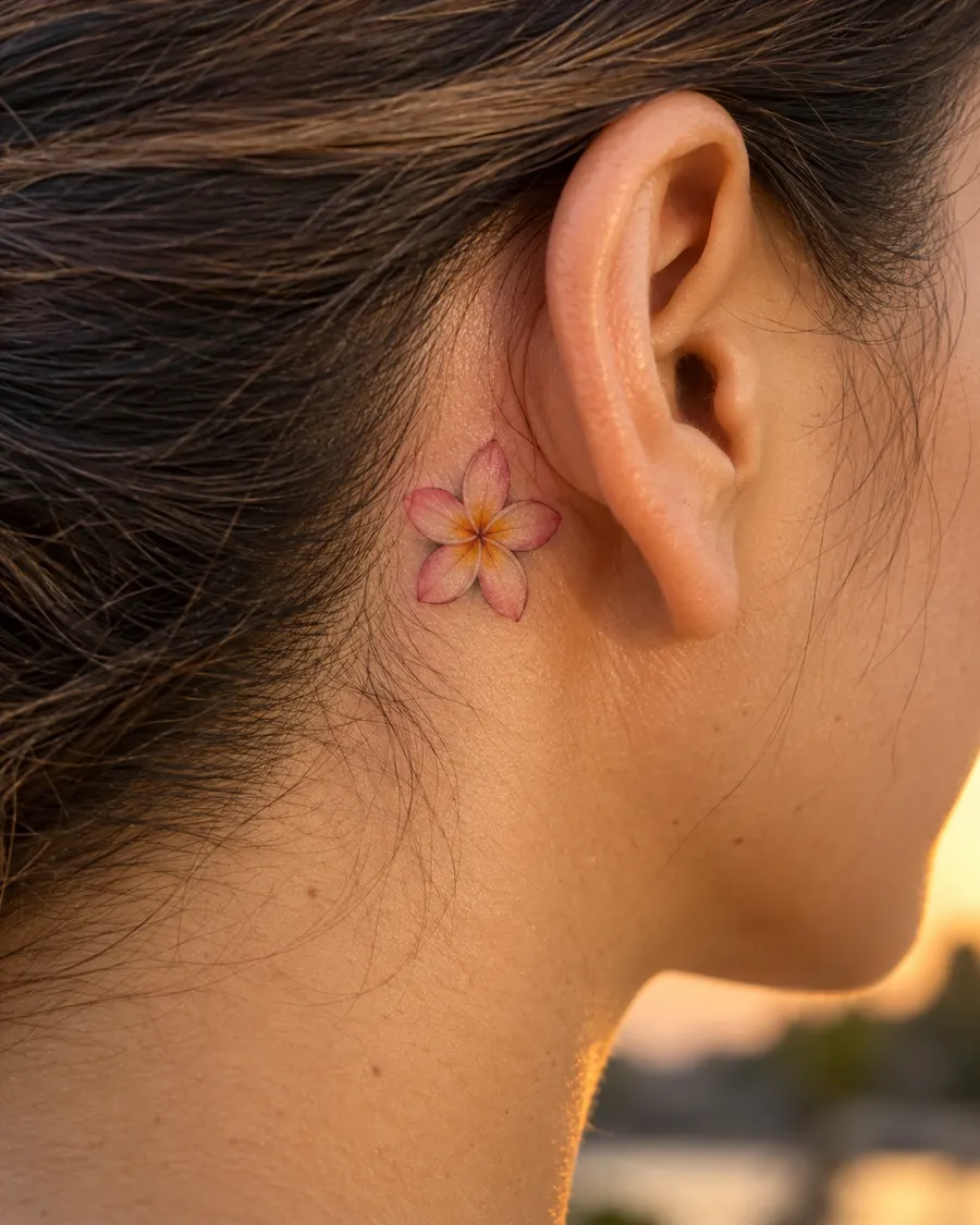 Tiny pink and yellow frangipani tattoo behind an ear